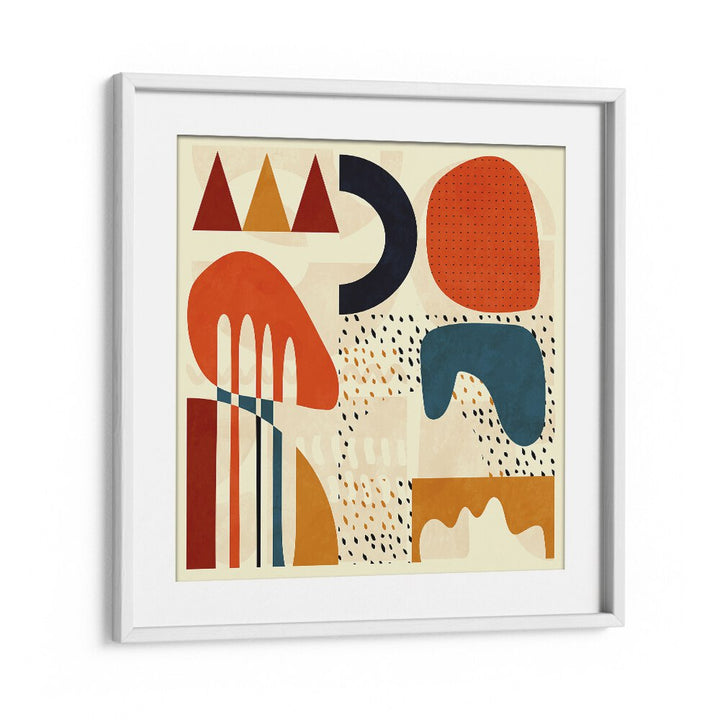 Colorful abstract artwork "QUADRATE BUNT II, ABSTRACT PAINTINGS" by Ana Rut Bre in a white frame, perfect for decor.