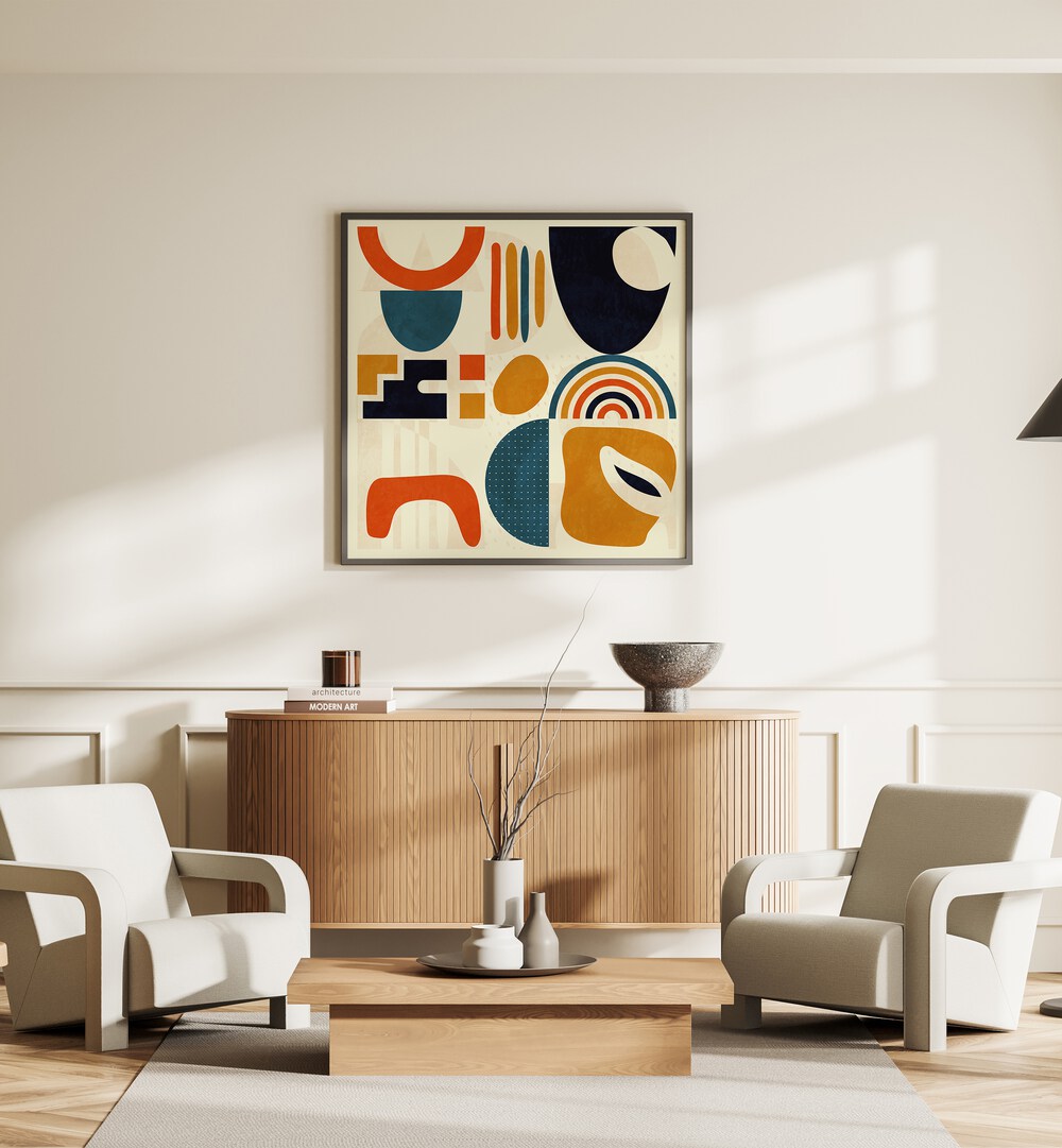 Elegant QUADRATE BUNT III, ABSTRACT PAINTINGS by Ana Rut Bre, showcasing vibrant shapes and modern aesthetics.