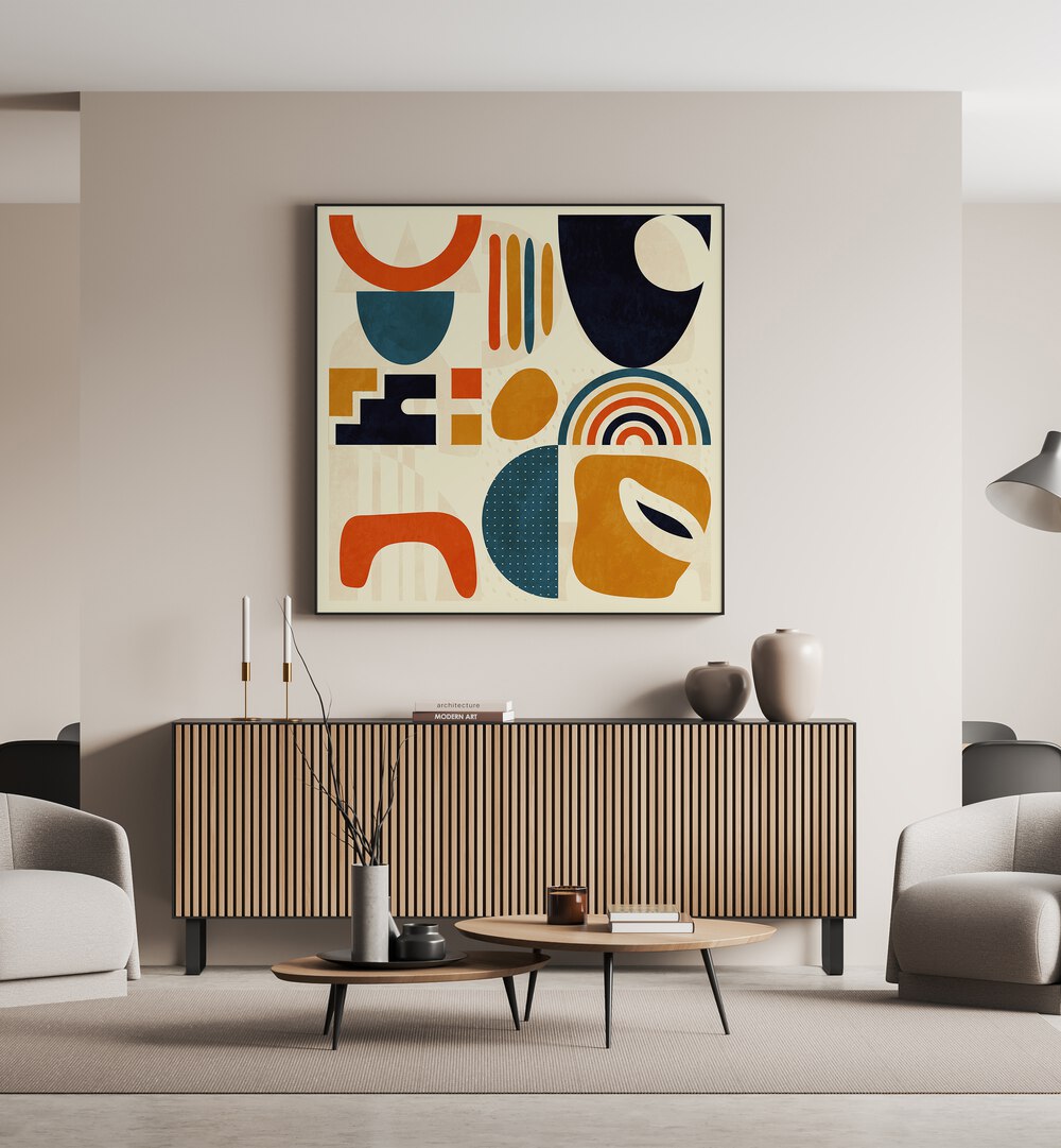 Colorful geometric design of QUADRATE BUNT III, ABSTRACT PAINTINGS by Ana Rut Bre, enhancing modern interiors.