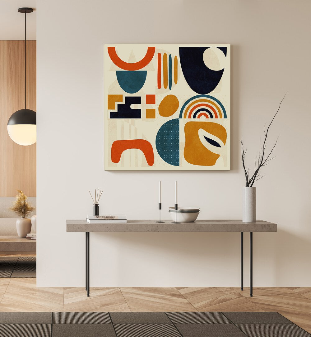 Colorful abstract art piece QUADRATE BUNT III, ABSTRACT PAINTINGS by Ana Rut Bre enhances modern aesthetics.