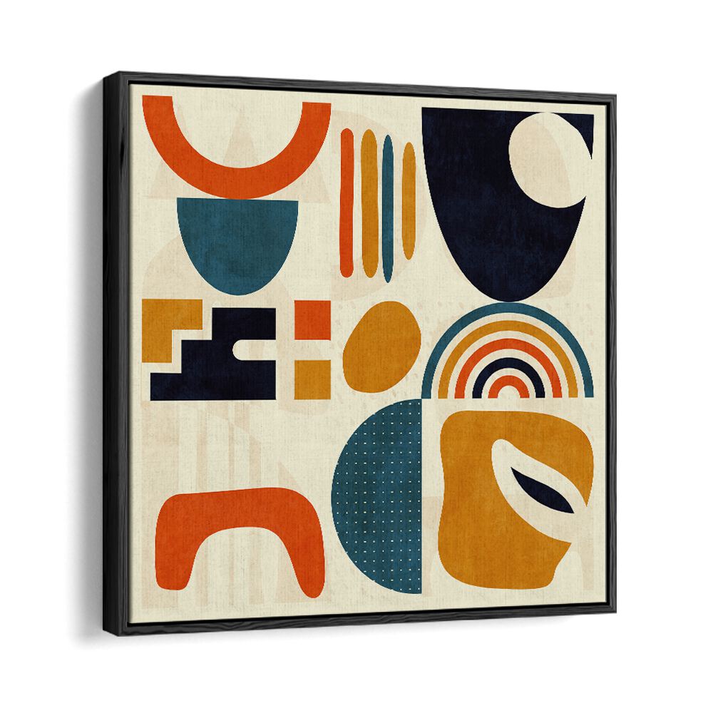 Colorful geometric shapes in QUADRATE BUNT III, ABSTRACT PAINTINGS by Ana Rut Bre, framed for modern elegance.