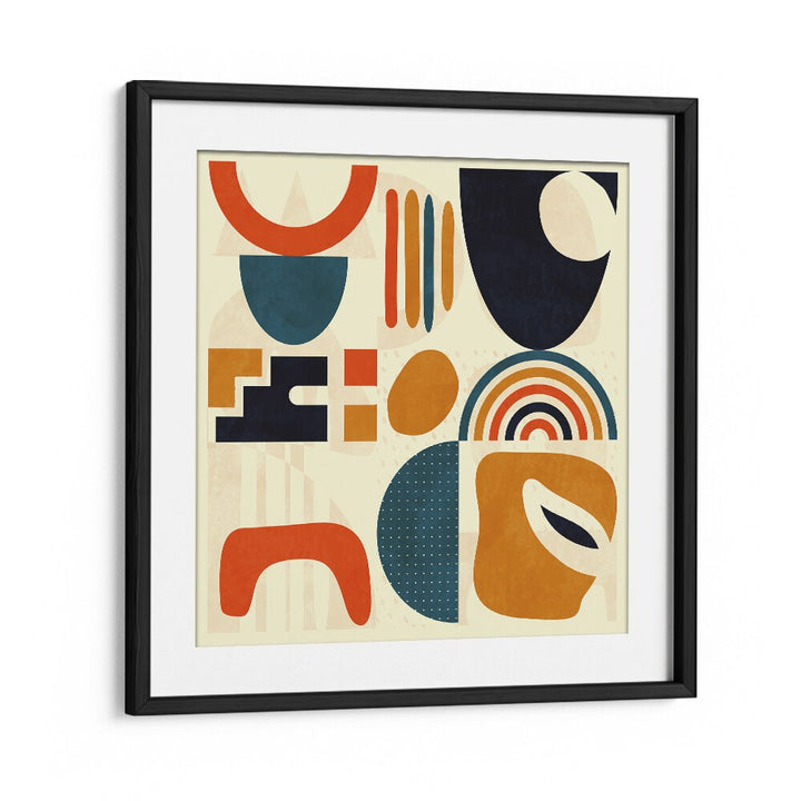 Colorful geometric shapes in a black frame highlight QUADRATE BUNT III, ABSTRACT PAINTINGS by Ana Rut Bre.
