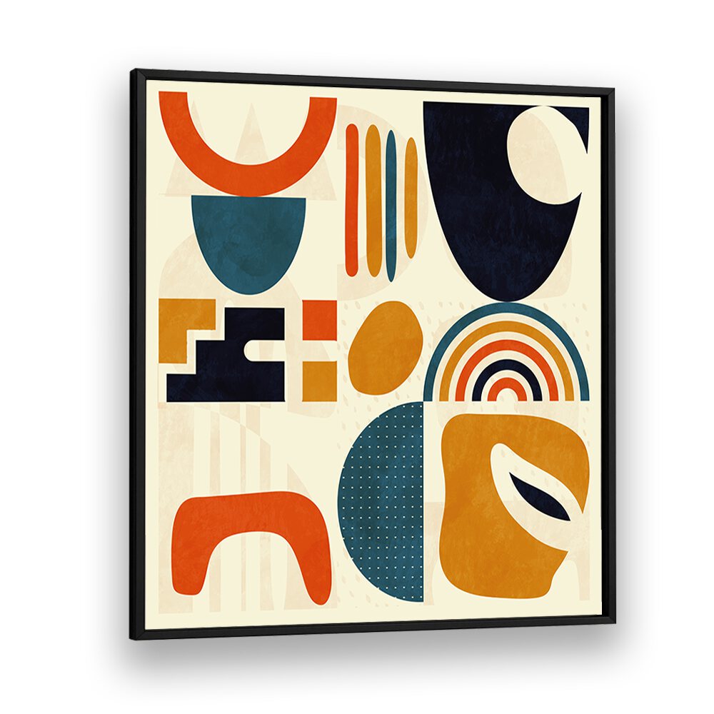 Bright and colorful geometric shapes in QUADRATE BUNT III, ABSTRACT PAINTINGS by Ana Rut Bre, framed for modern decor.