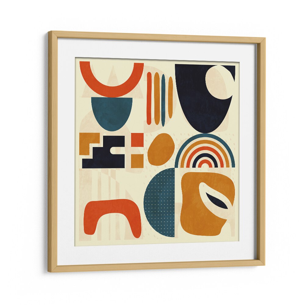 Quadrate Bunt III, abstract paintings by Ana Rut Bre, features vibrant shapes in an elegant oak wood frame.