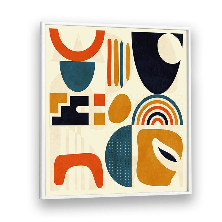 Explore QUADRATE BUNT III, ABSTRACT PAINTINGS by Ana Rut Bre, featuring vibrant shapes in a chic white frame.