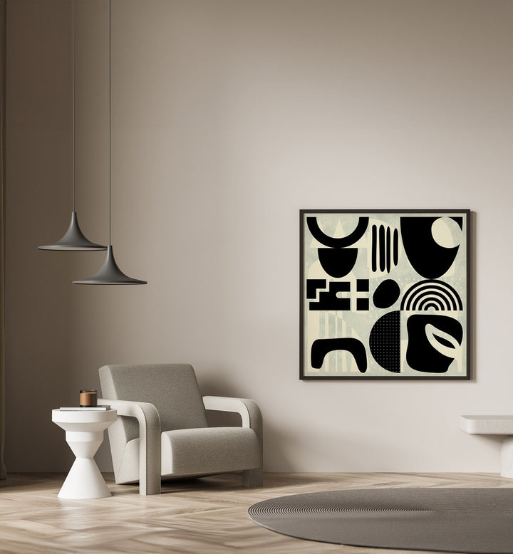 Stylish living room featuring QUADRATE SW KOPIE I, ABSTRACT PAINTINGS by Ana Rut Bre, enhancing modern art aesthetics.