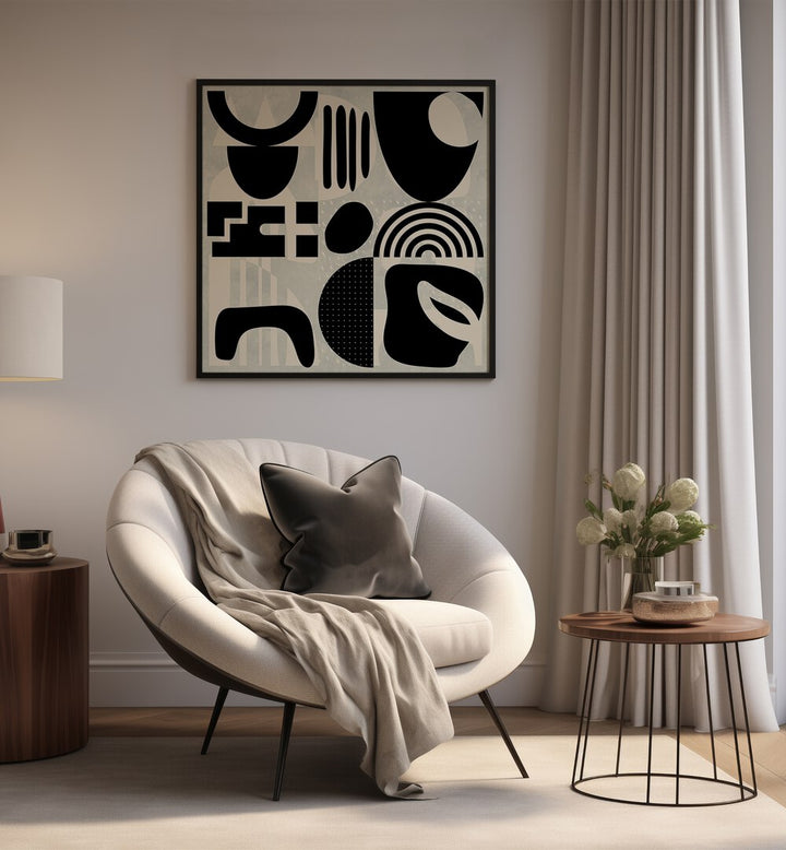Stylish living room featuring QUADRATE SW KOPIE I, ABSTRACT PAINTINGS by Ana Rut Bre, enhancing modern decor.