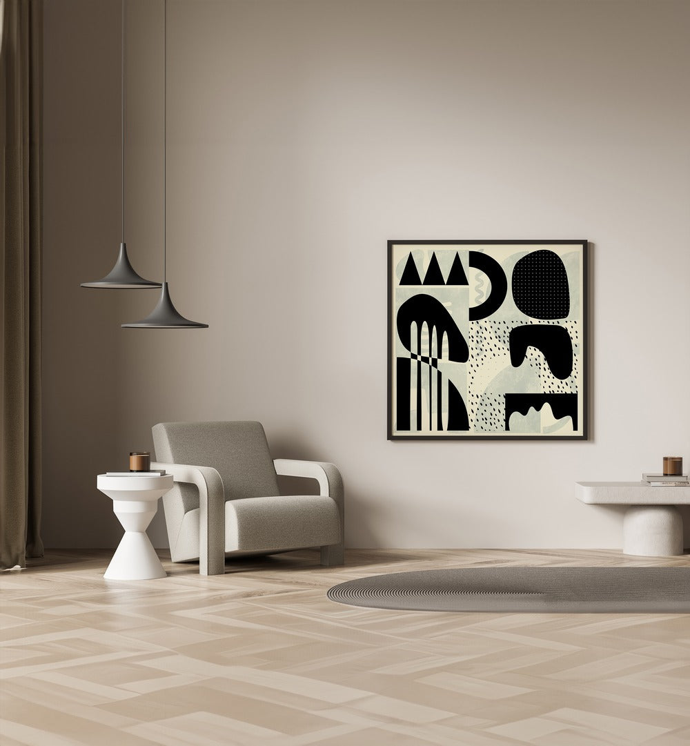 Stylish interior featuring QUADRATE SW KOPIE III, ABSTRACT PAINTINGS by Ana Rut Bre, enhancing modern decor.