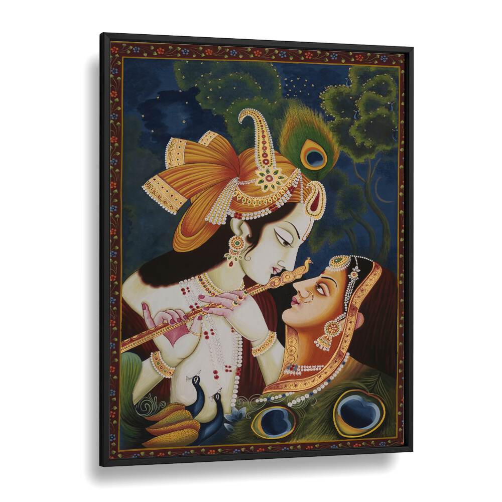 Celebrate love with this RADHA KRISHNA PAINTING, a beautiful example of INDIAN ART PAINTINGS in a sleek black frame.