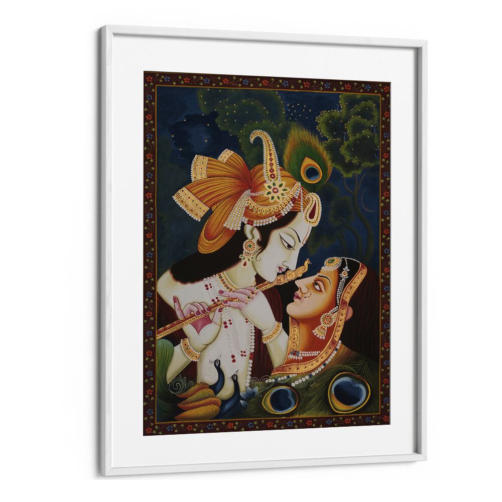 Stunning RADHA KRISHNA PAINTING framed in white, showcasing exquisite INDIAN ART PAINTINGS and cultural devotion.