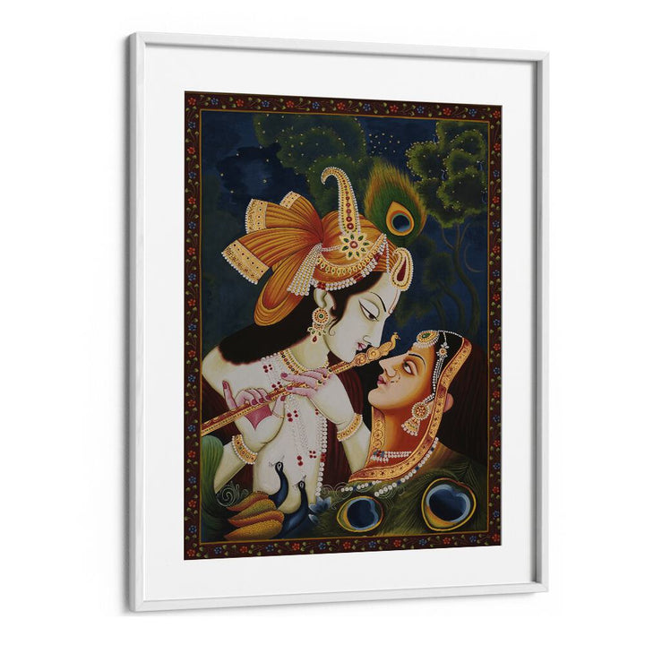 Stunning RADHA KRISHNA PAINTING framed in white, showcasing exquisite INDIAN ART PAINTINGS and cultural devotion.