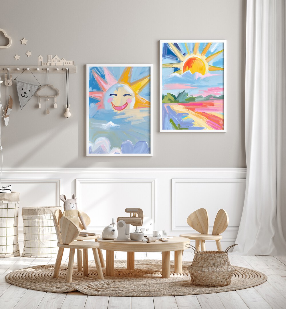 Brighten your space with the RADIANT SUNRISE SET, SET OF 2 PAINTINGS, capturing the beauty of dawn and warmth.