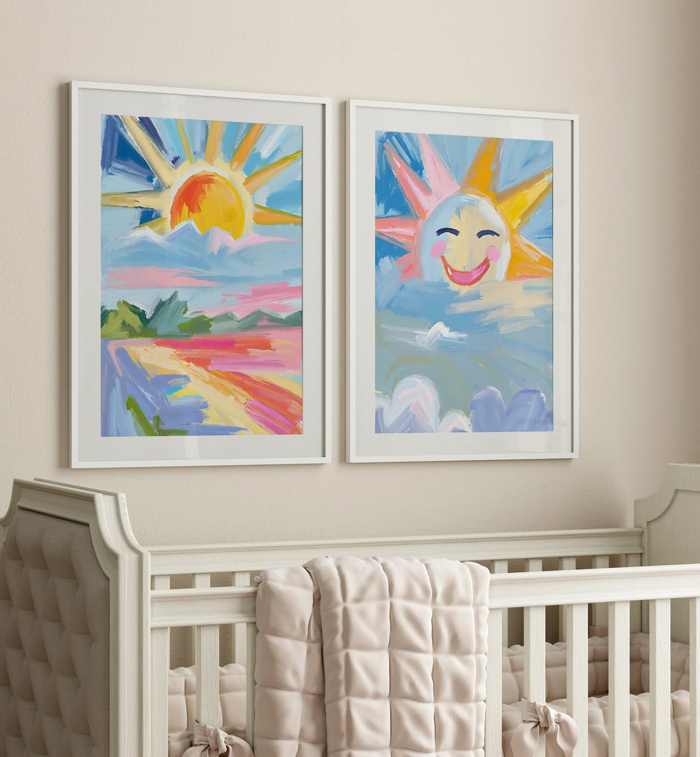 Brighten your space with the RADIANT SUNRISE SET , SET OF 2 PAINTINGS, showcasing vibrant dawn scenes and joyful energy.