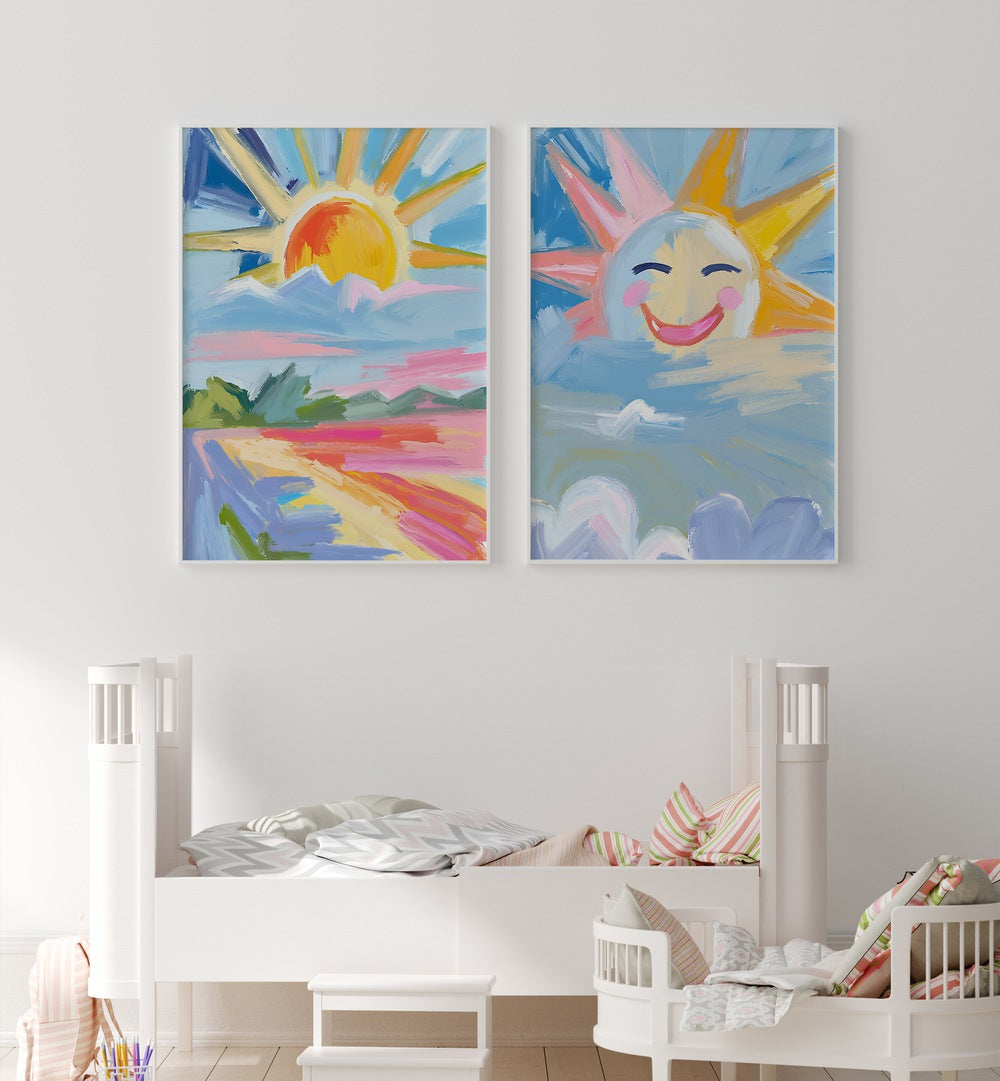 Brighten your space with the RADIANT SUNRISE SET, SET OF 2 PAINTINGS, showcasing vibrant dawn scenes.