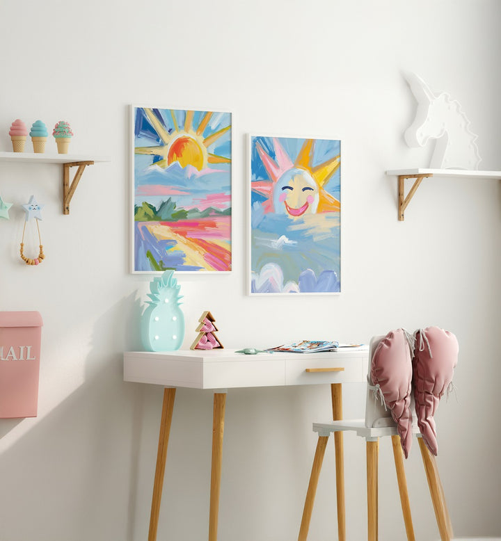 Brighten your home with the RADIANT SUNRISE SET, SET OF 2 PAINTINGS showcasing vibrant dawn scenes.
