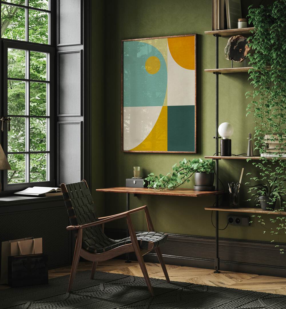 Vibrant RAINBOW PLUS SHAPES, GEOMETRIC ART PRINTS brighten a stylish room with modern decor by Ana Rut Bre.