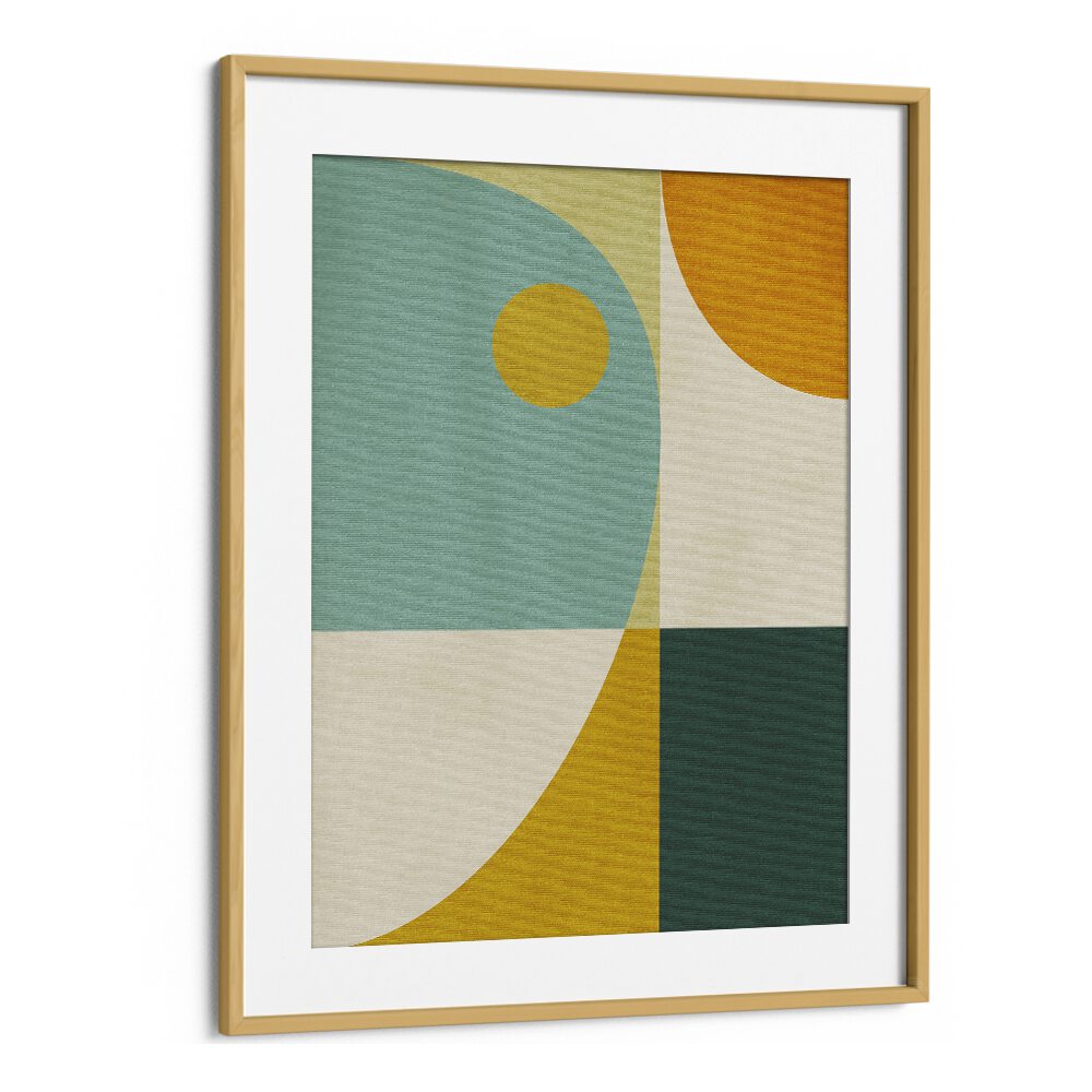 Vibrant RAINBOW PLUS SHAPES, GEOMETRIC ART PRINTS in an oak frame, enhancing your space with artistic charm.