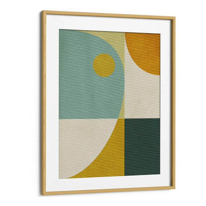 Vibrant RAINBOW PLUS SHAPES, GEOMETRIC ART PRINTS in an oak frame, enhancing your space with artistic charm.