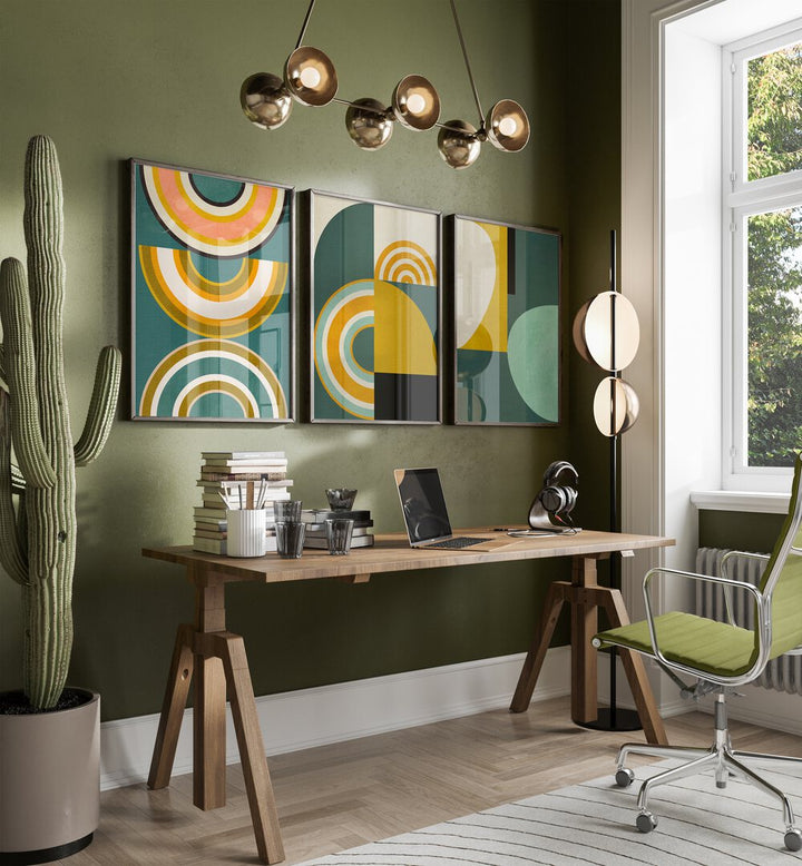 Brighten your home with the RAINBOW SUN SHAPES SET, SET OF 3 PAINTINGS, perfect for vibrant wall décor.