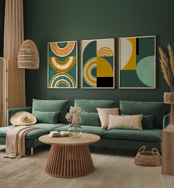 Brighten your home with the RAINBOW SUN SHAPES SET, SET OF 3 PAINTINGS, adding vibrant color to any space.