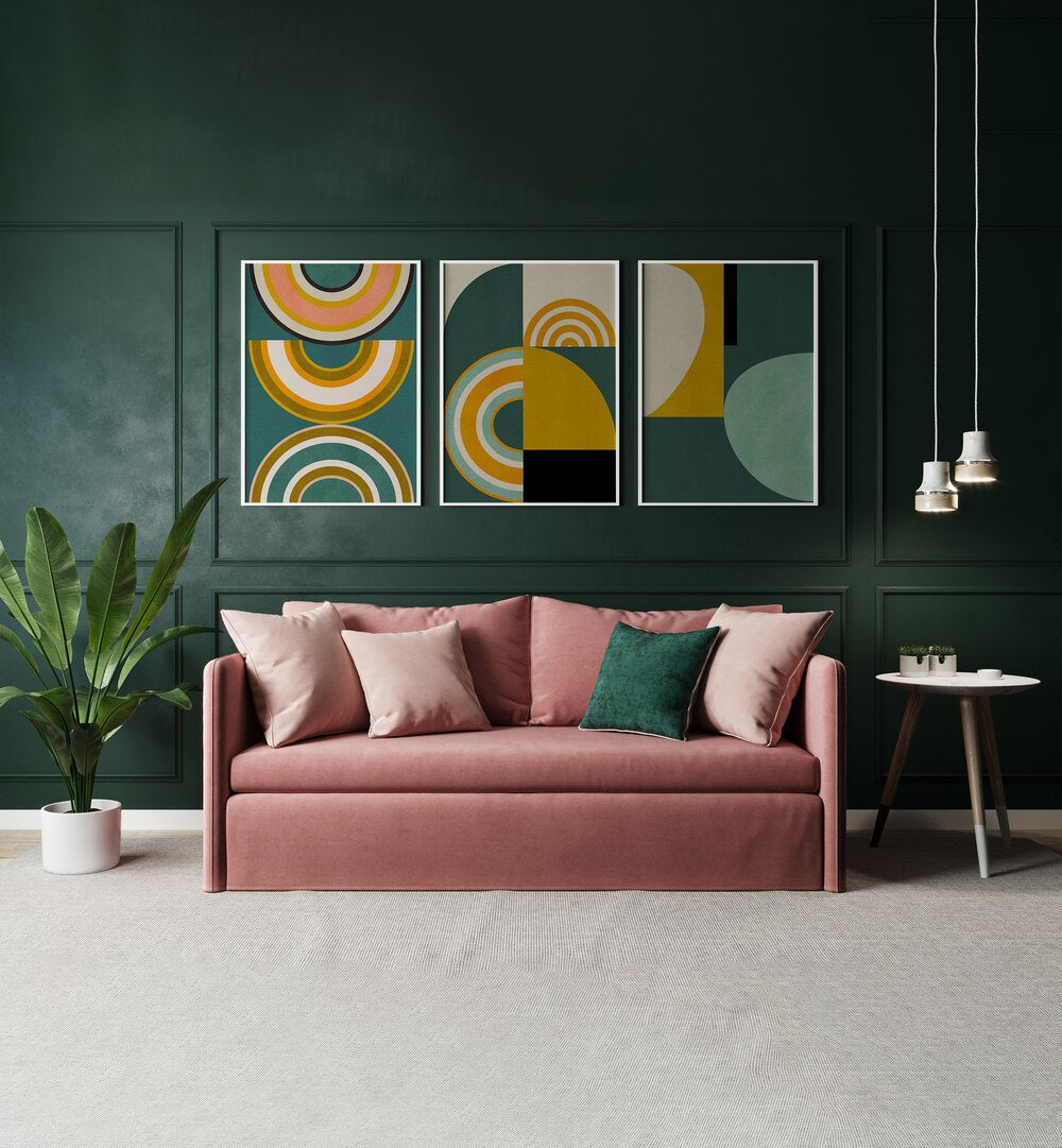 Brighten your home with the RAINBOW SUN SHAPES SET, SET OF 3 PAINTINGS, featuring vibrant colors and modern design.