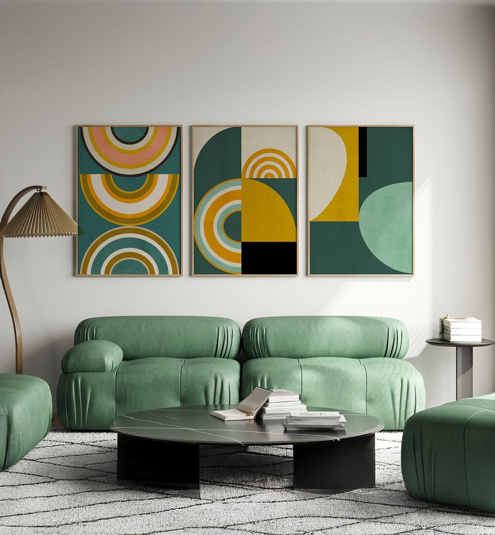 Brighten your home with the RAINBOW SUN SHAPES SET, SET OF 3 PAINTINGS, adding vibrant color and warmth to any wall.