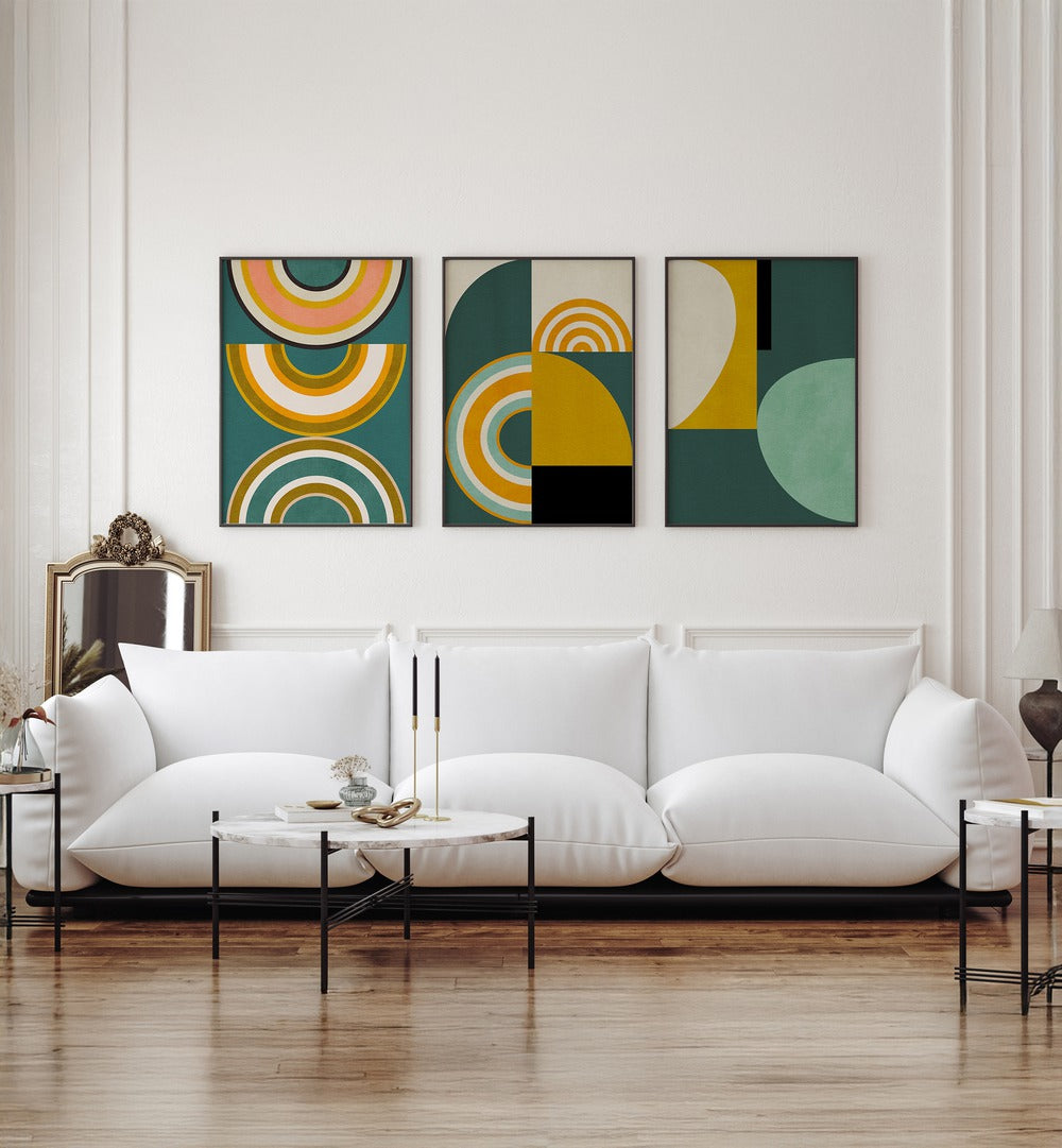 Brighten your home with the RAINBOW SUN SHAPES SET, SET OF 3 PAINTINGS, adding vibrant colors to your decor.