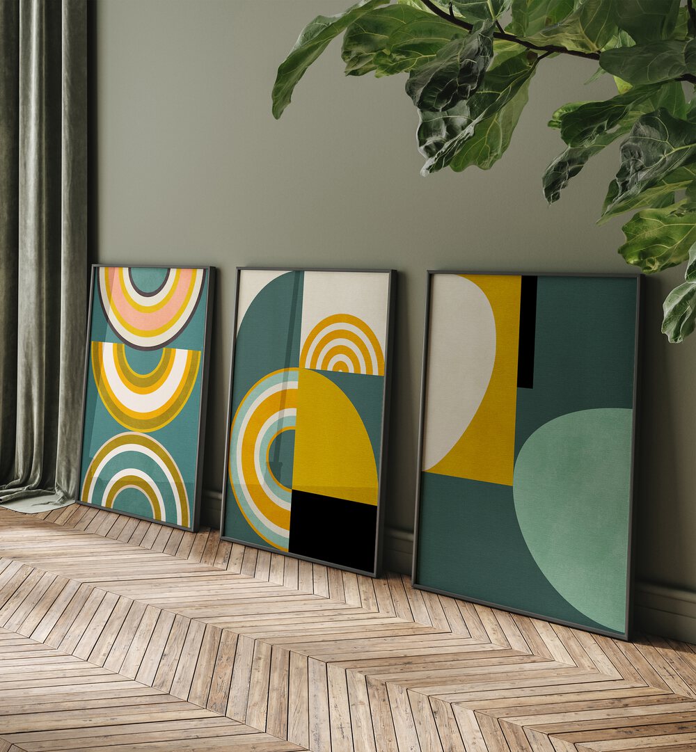 Brighten your home with the RAINBOW SUN SHAPES SET, SET OF 3 PAINTINGS, featuring colorful geometric designs.