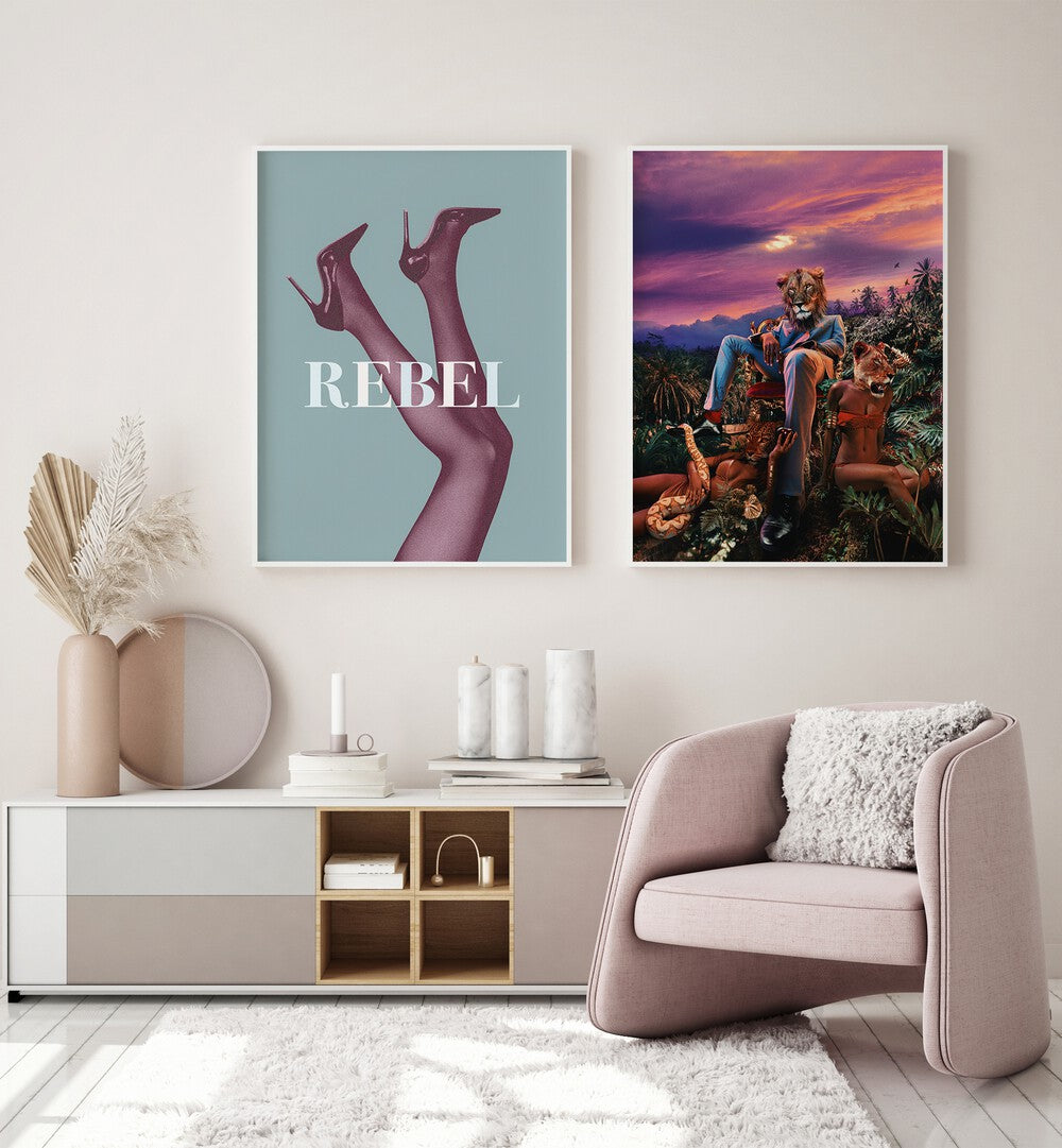 Stylish living room featuring the REBELIOUS SET, SET OF 2 PAINTINGS, showcasing modern artistry and bold expression.