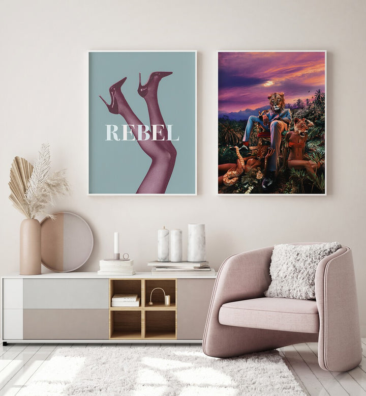 Stylish living room featuring the REBELIOUS SET, SET OF 2 PAINTINGS, showcasing modern artistry and bold expression.
