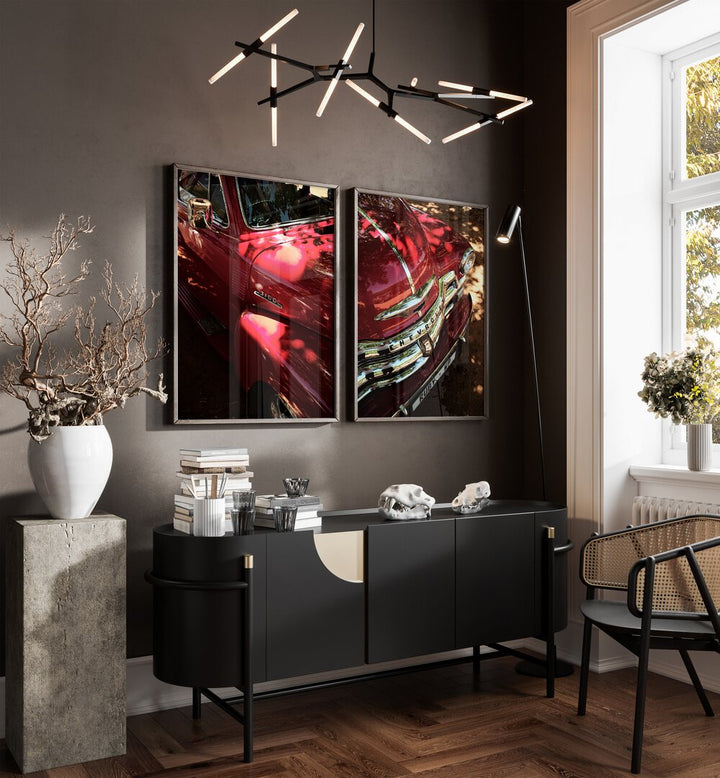 Elevate your space with the RED CHEVY SET, SET OF 2 PAINTINGS, showcasing classic automotive elegance.