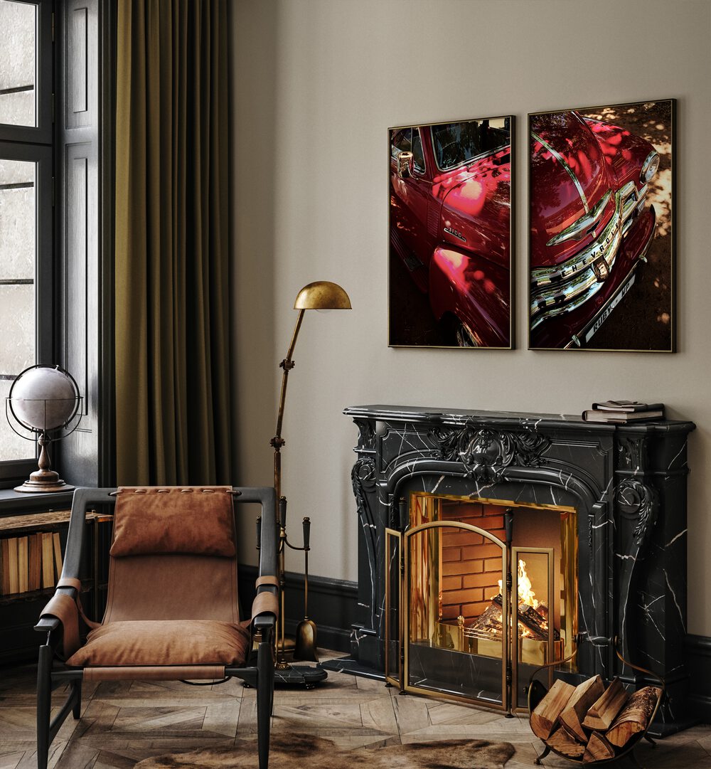 Classic automotive charm shines in the RED CHEVY SET, SET OF 2 PAINTINGS, perfect for home or office decor.