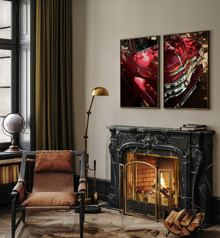 Classic automotive charm shines in the RED CHEVY SET, SET OF 2 PAINTINGS, perfect for home or office decor.