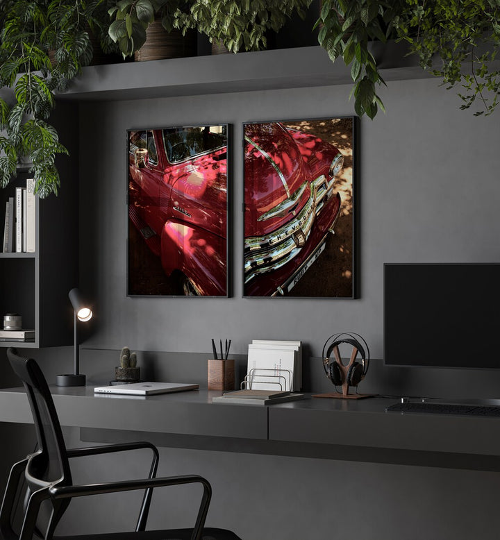 Classic car charm shines with the RED CHEVY SET, SET OF 2 PAINTINGS, perfect for any home or office decor.