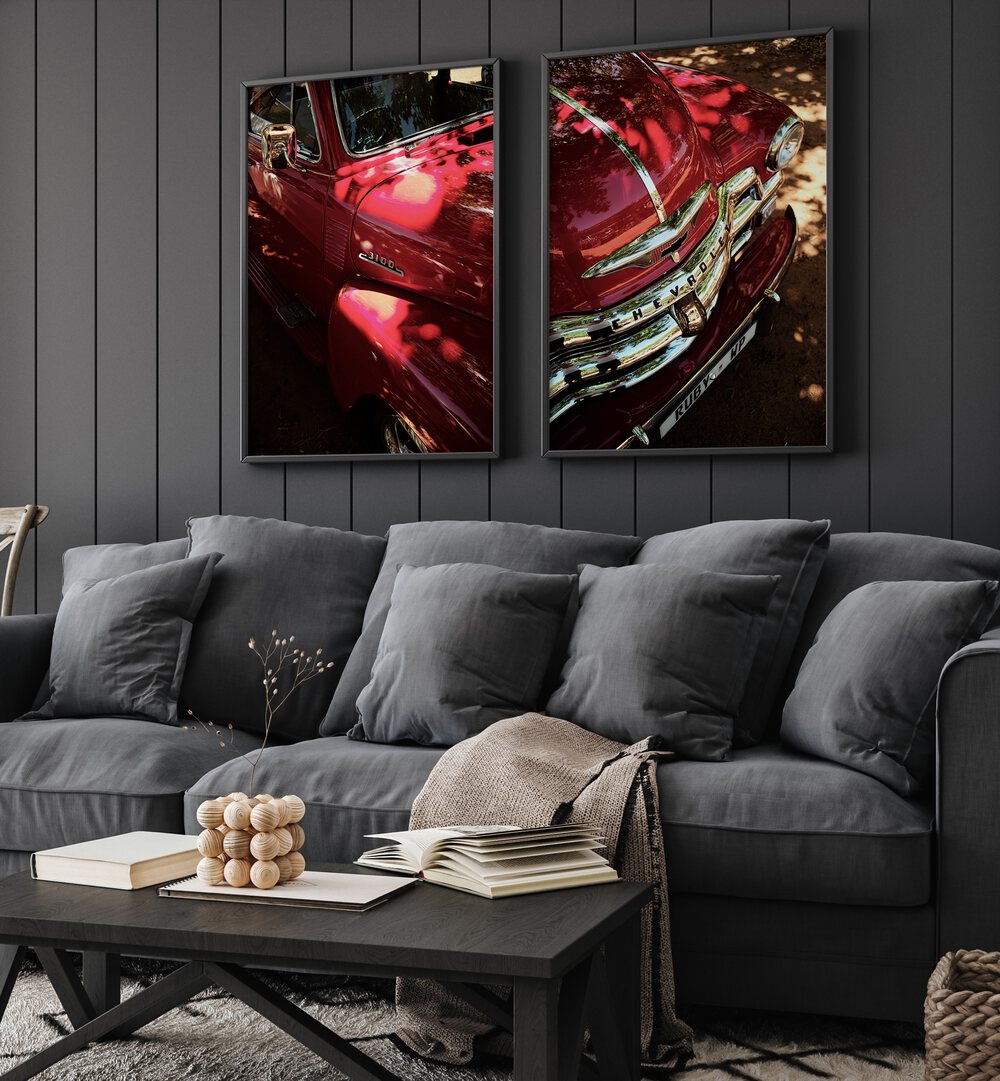 Transform your space with the RED CHEVY SET, SET OF 2 PAINTINGS, showcasing classic red Chevrolet elegance.