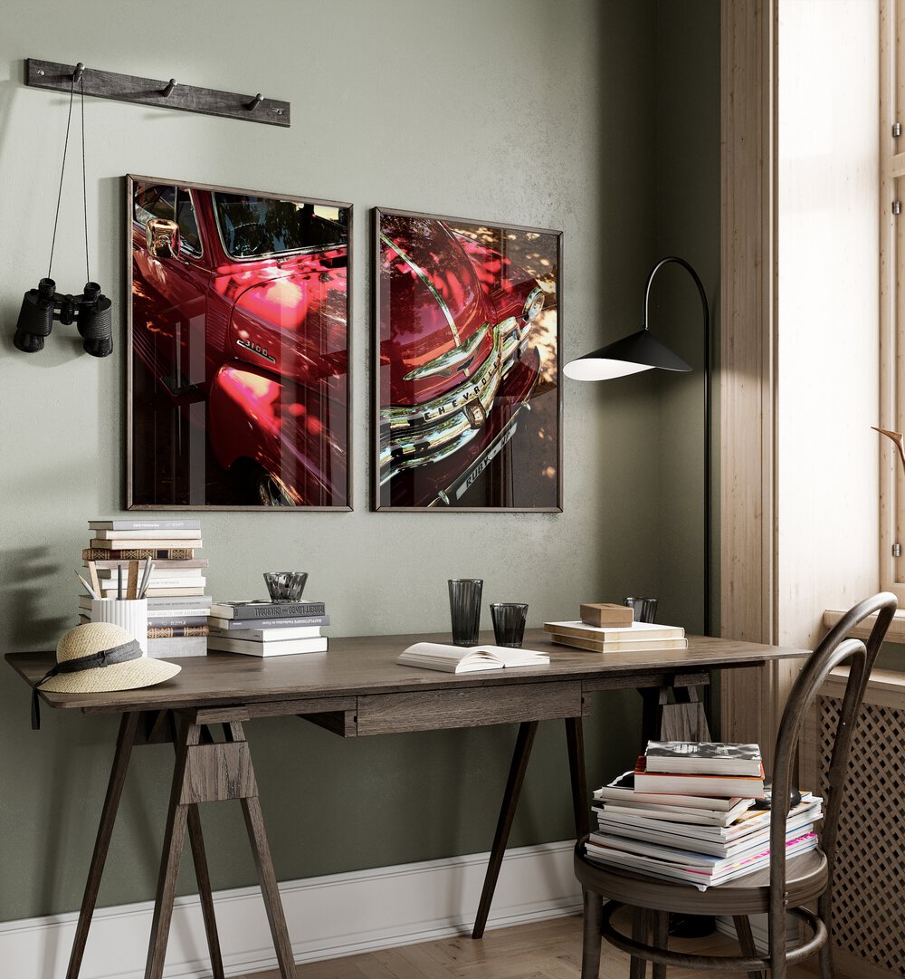Stylish RED CHEVY SET, SET OF 2 PAINTINGS bringing classic automotive elegance to your home or office decor.