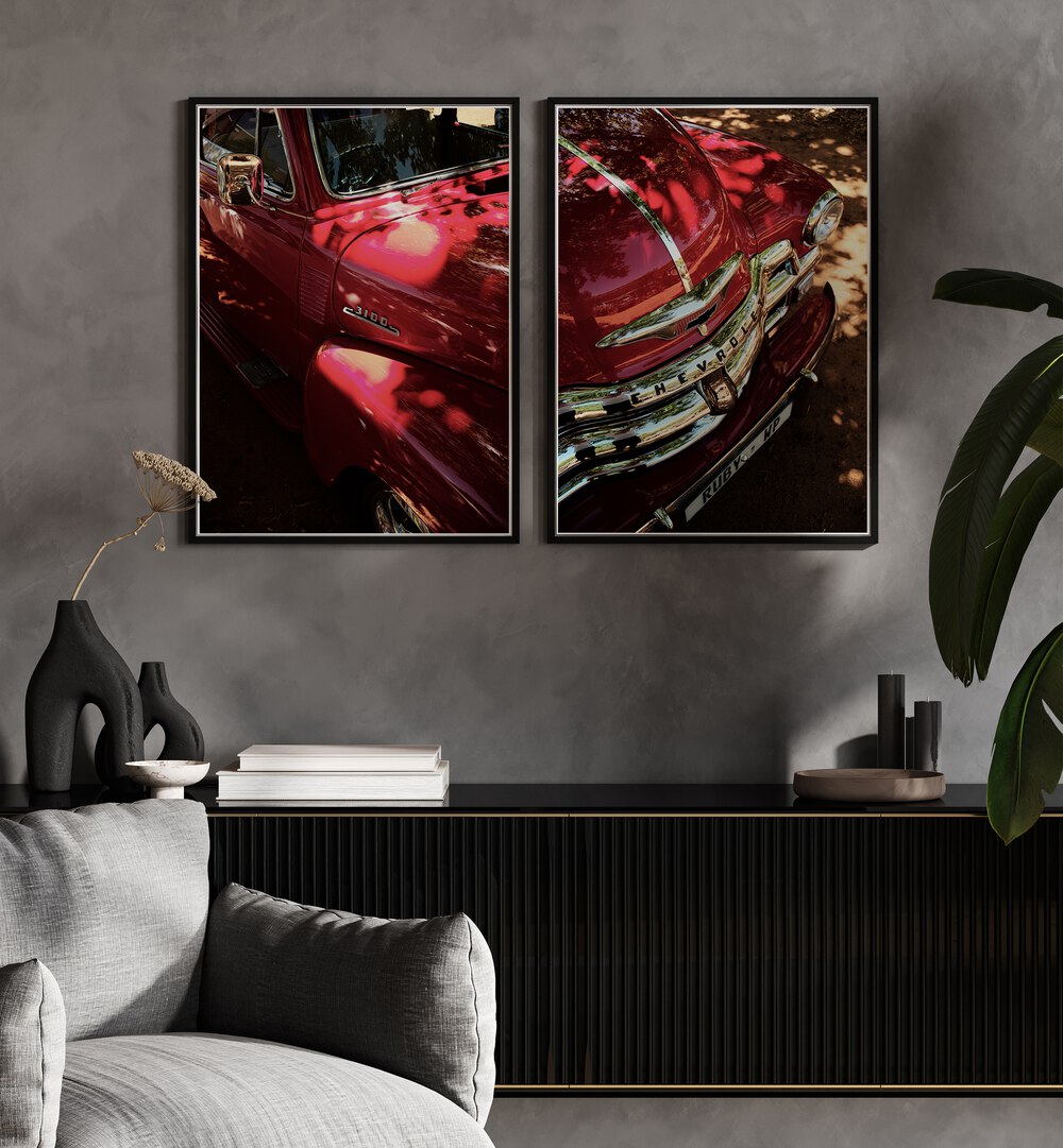Stylish RED CHEVY SET, SET OF 2 PAINTINGS showcasing classic automotive elegance for your home or office decor.