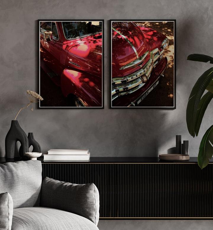 Stylish RED CHEVY SET, SET OF 2 PAINTINGS showcasing classic automotive elegance for your home or office decor.