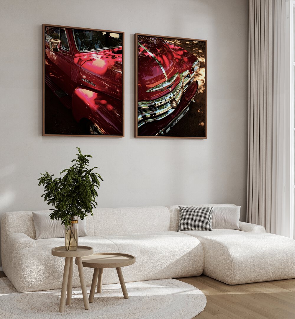 Stylish RED CHEVY SET, SET OF 2 PAINTINGS adds classic automotive art charm to any space, perfect for homes or offices.