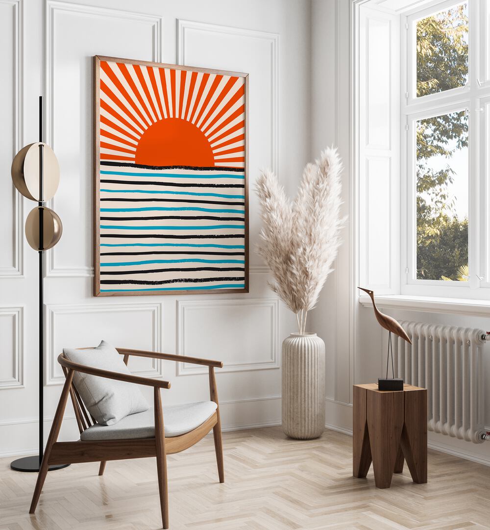 Bright and vibrant RED SUN AND SEA, LANDSCAPE PAINTINGS adorns a modern room, enhancing your home decor.
