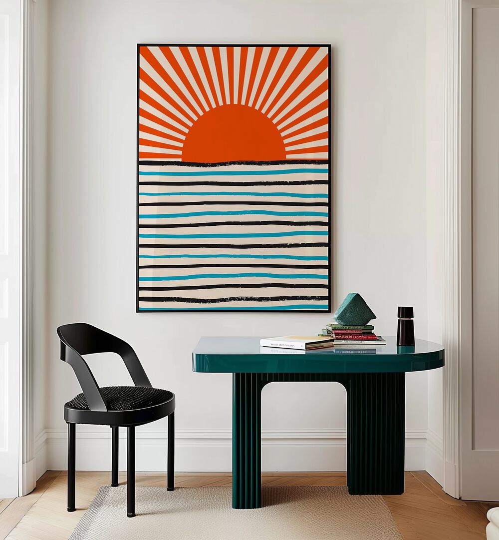 Bright red sun over stylized sea lines, perfect for enhancing spaces with RED SUN AND SEA, LANDSCAPE PAINTINGS.