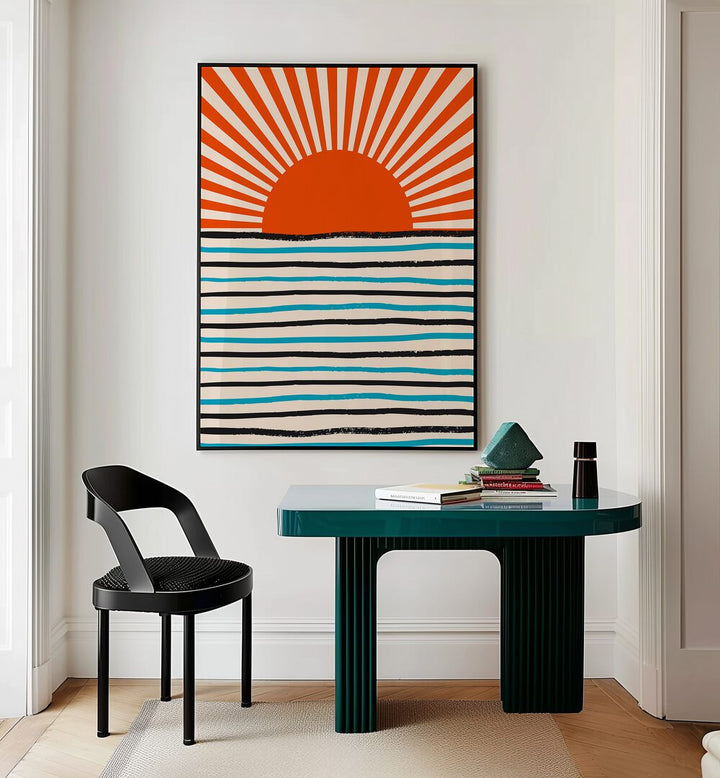 Bright red sun over stylized sea lines, perfect for enhancing spaces with RED SUN AND SEA, LANDSCAPE PAINTINGS.