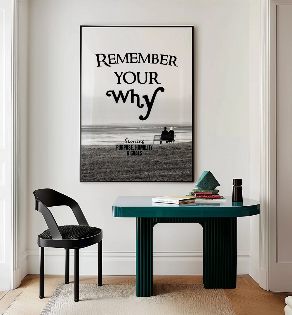 "Stylish 'Remember Your Why' poster enhancing a modern workspace, perfect for inspiration with quotes and typography."