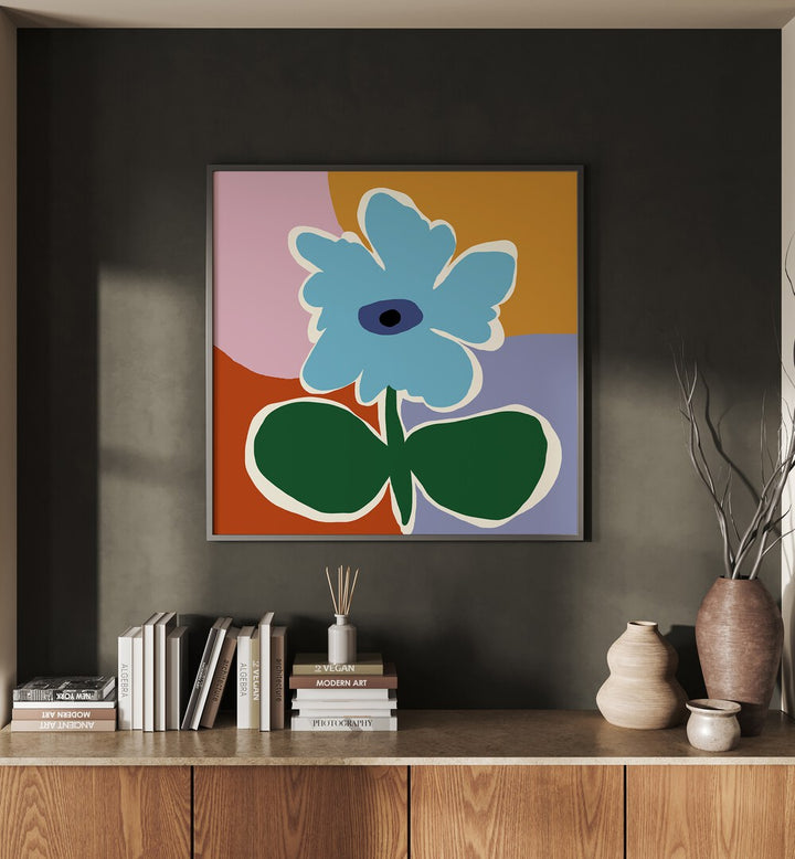 Retro Minimal Flower III, Botanical Art Paintings Artwork in Black Plain Frame placed on a Dark Grey Colored Wall placed above a Console Table