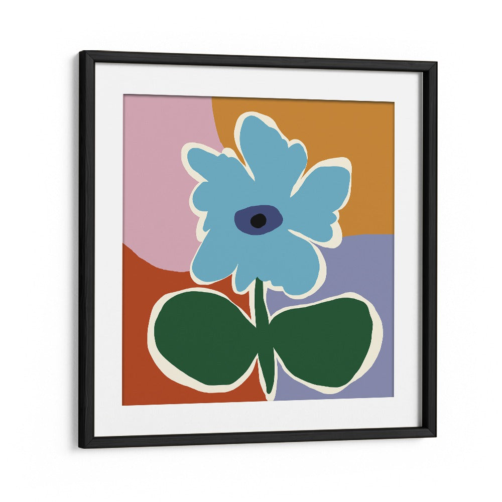 Retro Minimal Flower III, Botanical Art Paintings Artwork in Black Frame With Mount
