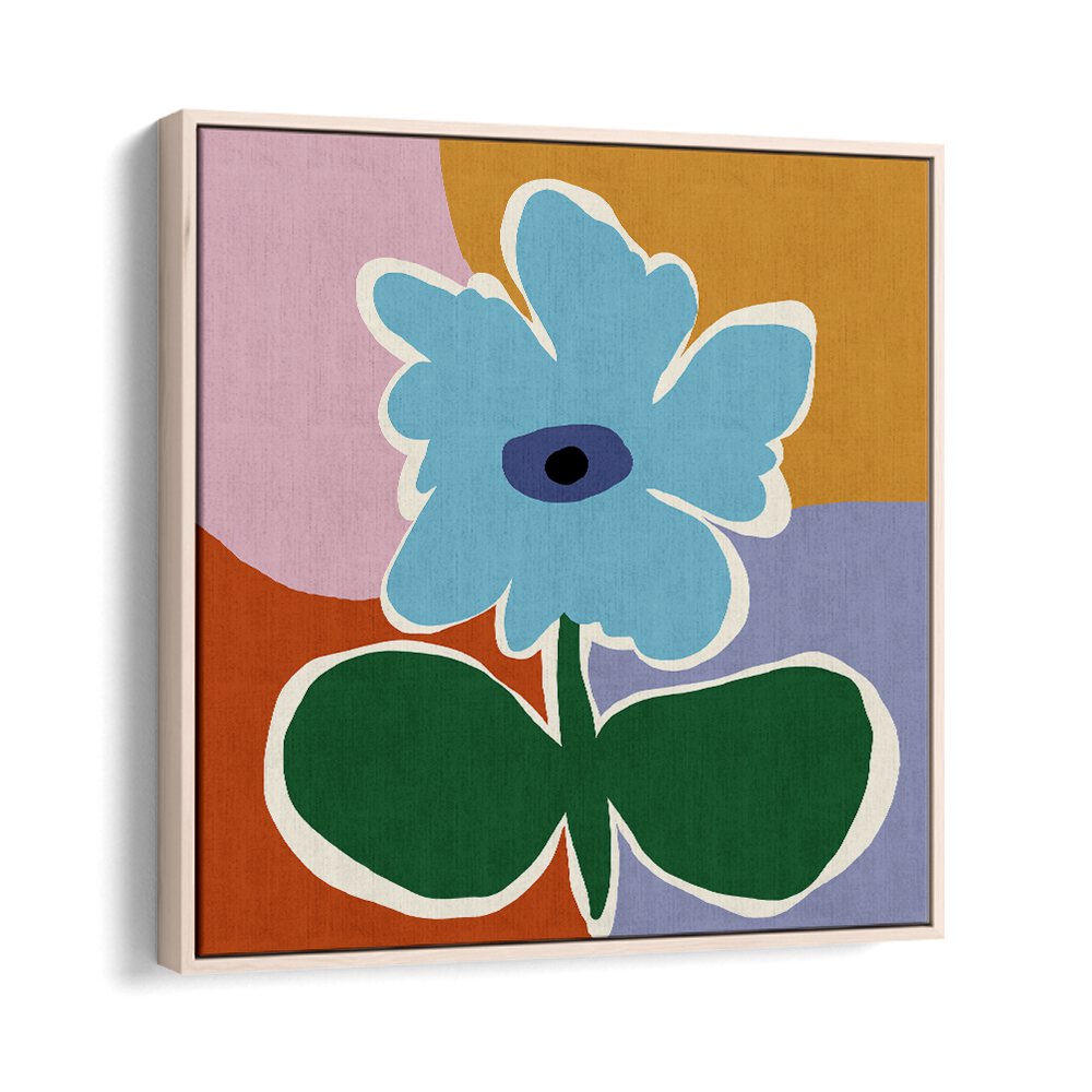 Retro Minimal Flower III, Botanical Art Paintings Artwork in Oak Wood Floater Frame