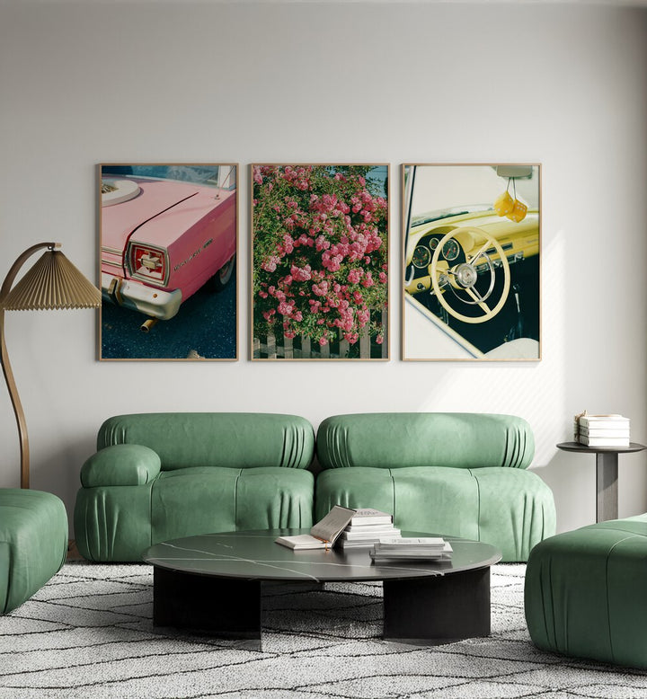 Enhance your decor with the RETRO CLASSIC SET, SET OF 3 PAINTINGS, showcasing vibrant vintage art for any space.