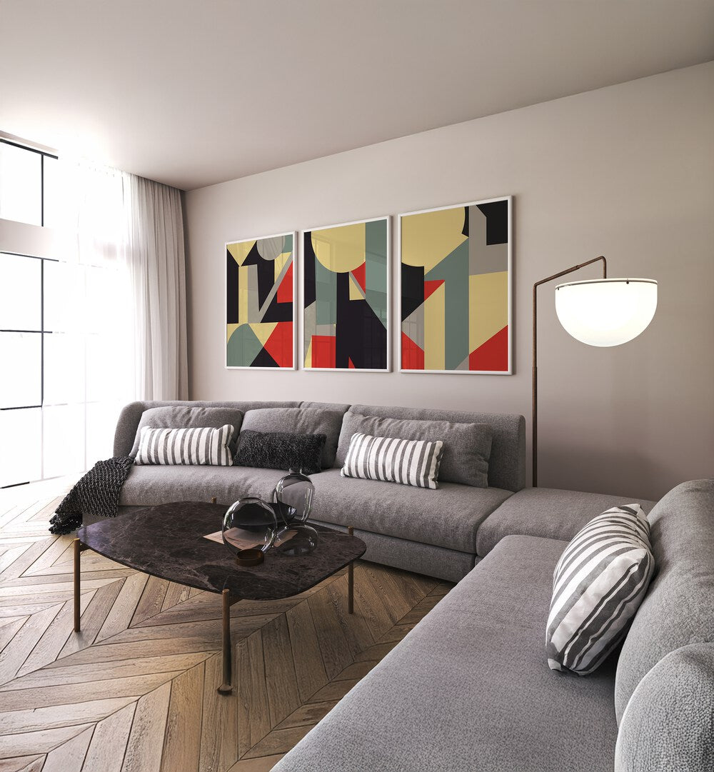 Stylish living room featuring the RETRO COLOUR GEOMETRICAL SET, SET OF 3 PAINTINGS in vibrant hues. Perfect for decor!