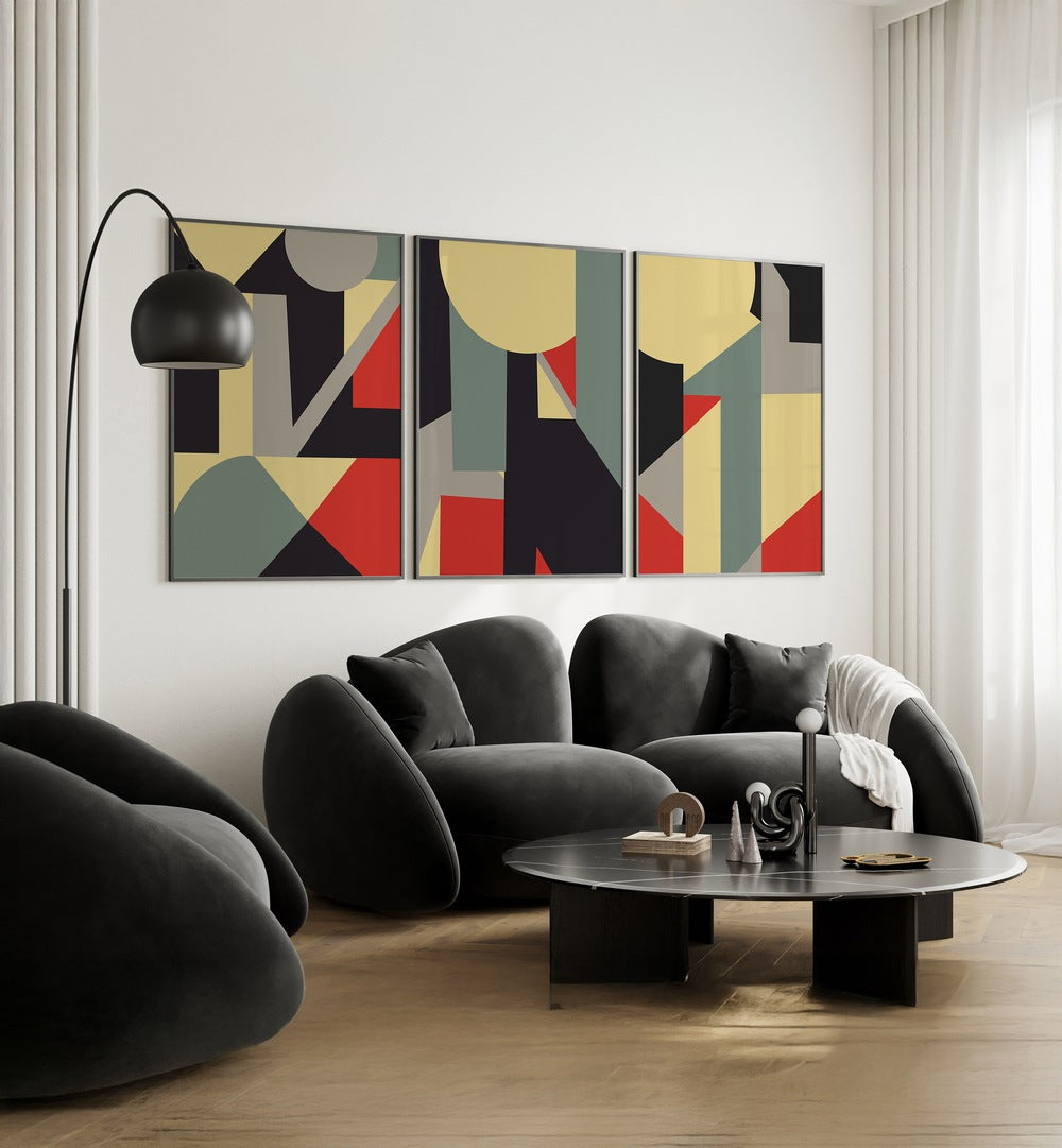 Vibrant RETRO COLOUR GEOMETRICAL SET, SET OF 3 PAINTINGS enhances modern living spaces with artistic flair.