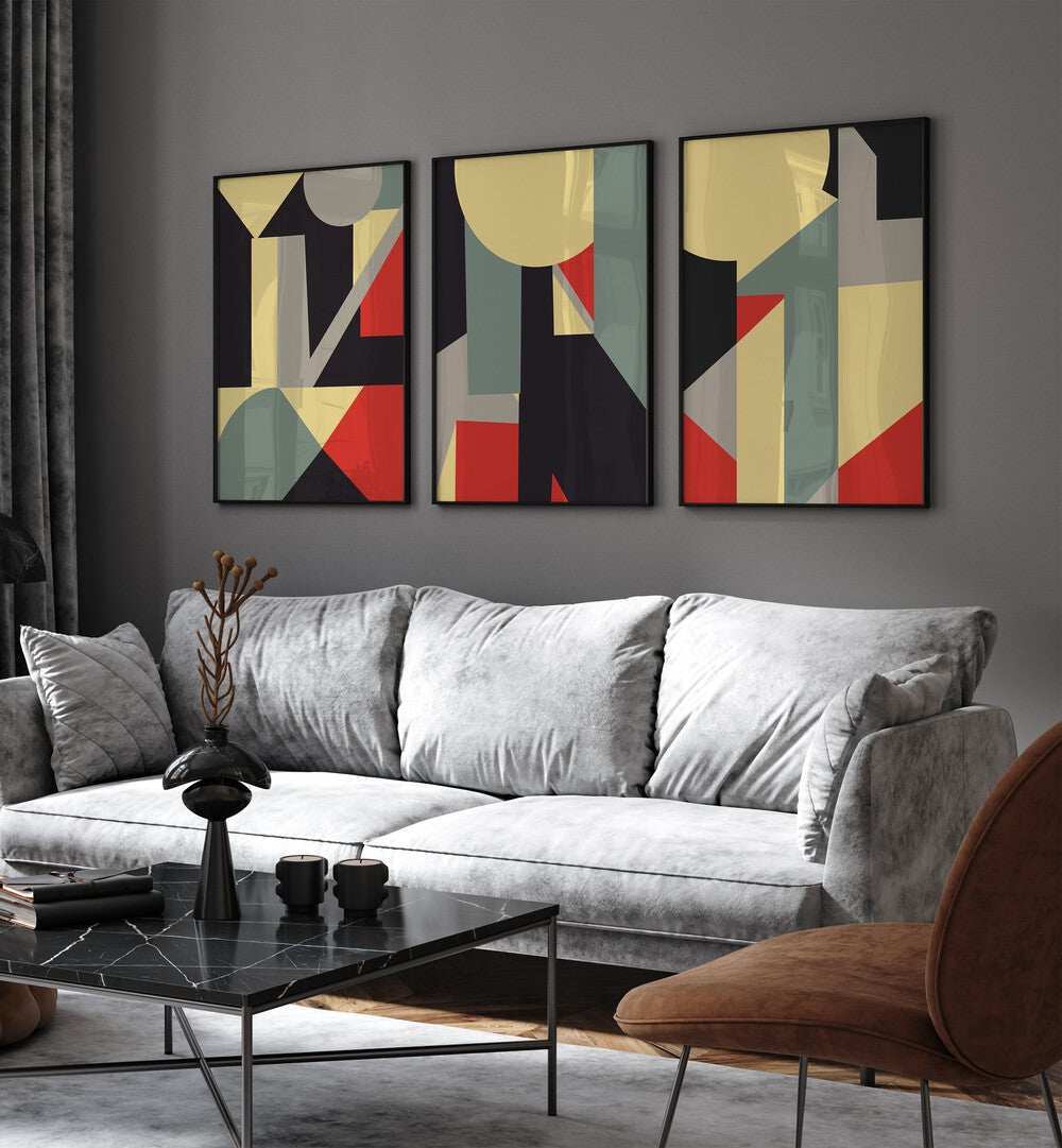 Vibrant RETRO COLOUR GEOMETRICAL SET, SET OF 3 PAINTINGS enhancing a stylish living room decor.